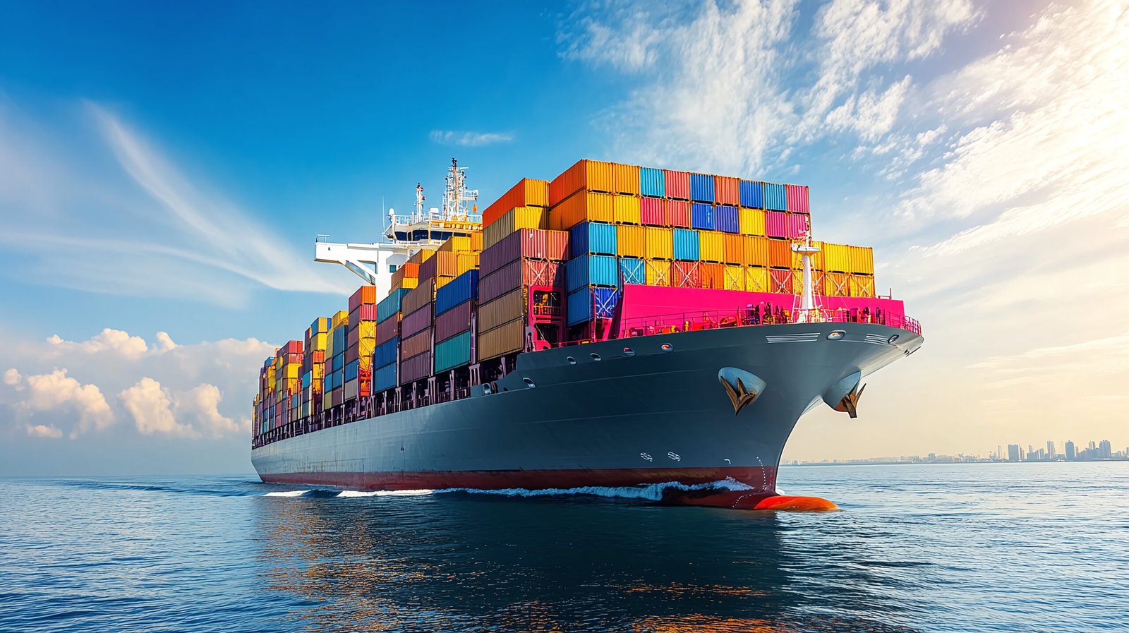 A new modern container ship with containers is sailing on the sea